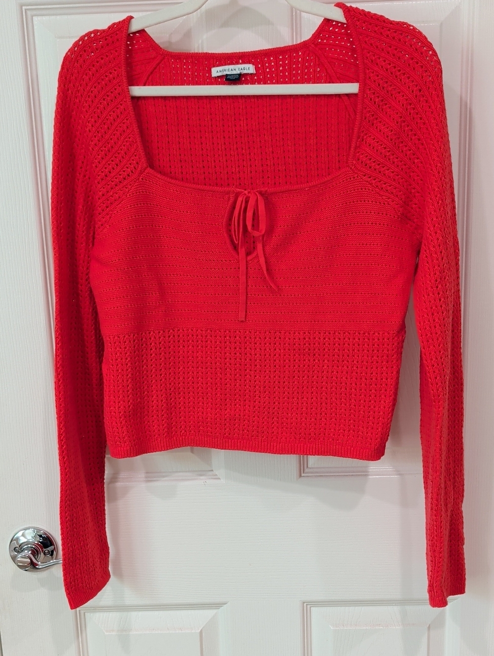 American Eagle Outfitters Bright Red Knit Tie-Front Long Sleeve Top